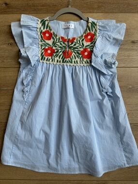 THML Light Blue Striped Dress with Orange  Floral Embroidery